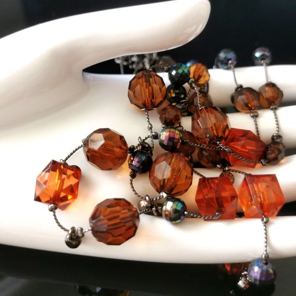 3 Strand Beaded Necklace Amber & Brown Color necklace - Picture 4 of 7